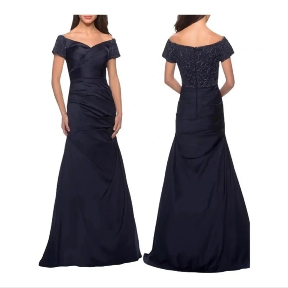 La Femme Satin Off the Shoulder Dress with Beaded Sleeves‎
